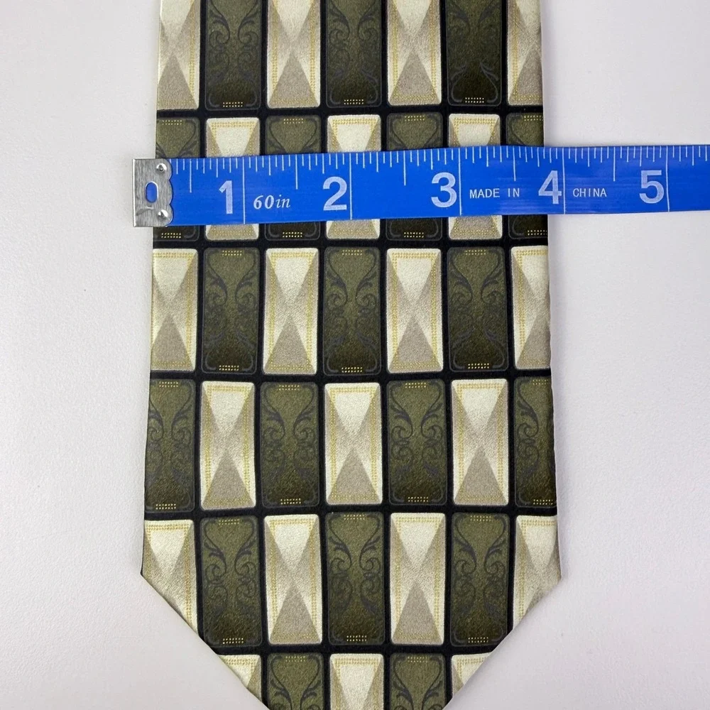 Bergamo New York Mens Handmade Pure‎ Silk Necktie Olive Green Gold Geometric
